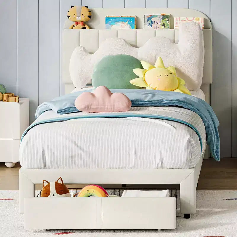 Garvee Struttura Letto Singolo con Cassetto, Letto Imbottito in Velluto con Testiera Contenitore, Nessuna Rete a Molle Necessaria, Facile da Montare