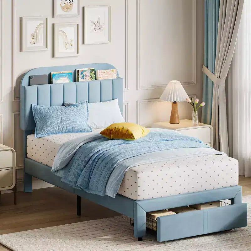 Garvee Struttura Letto Singolo con Cassetto, Letto Imbottito in Velluto con Testiera Contenitore, Nessuna Rete a Molle Necessaria, Facile da Montare