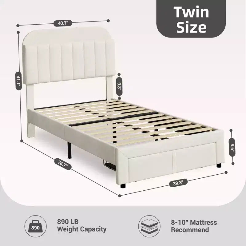 Garvee Struttura Letto Singolo con Cassetto, Letto Imbottito in Velluto con Testiera Contenitore, Nessuna Rete a Molle Necessaria, Facile da Montare