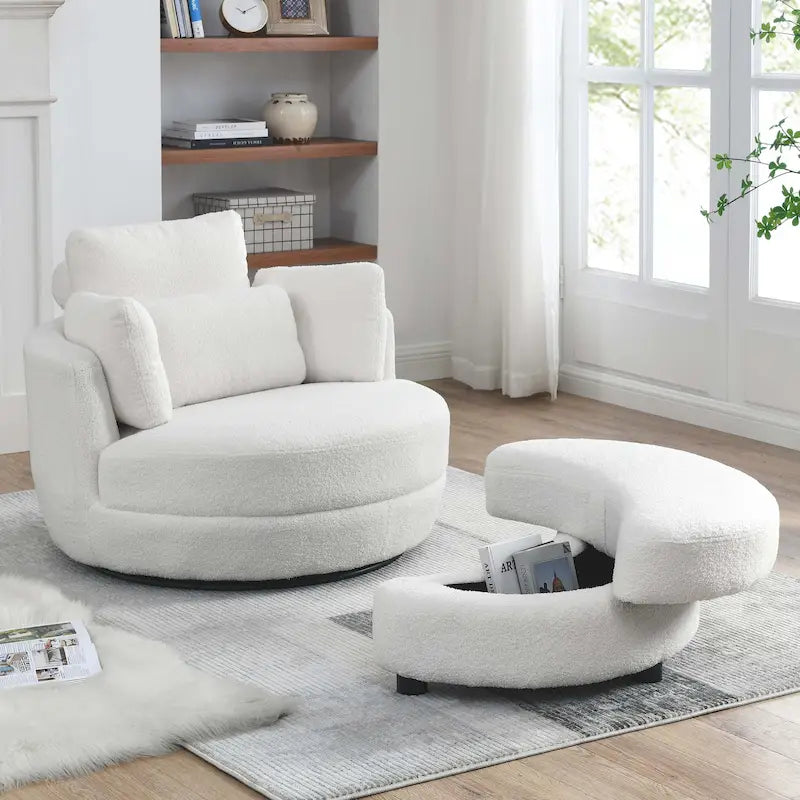 Poltrona moderna girevole a botte a due posti con 4 cuscini e pouf contenitore