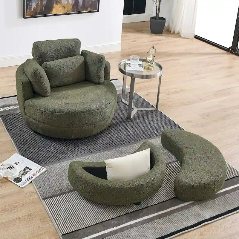 Poltrona moderna girevole a botte a due posti con 4 cuscini e pouf contenitore