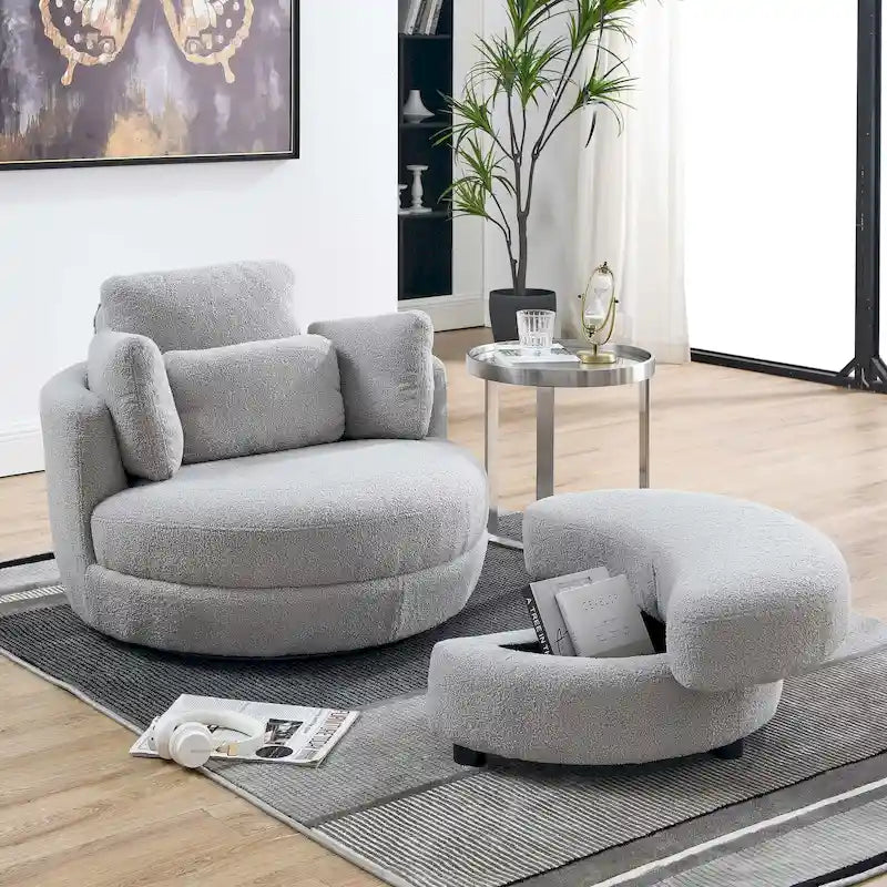 Poltrona moderna girevole a botte a due posti con 4 cuscini e pouf contenitore