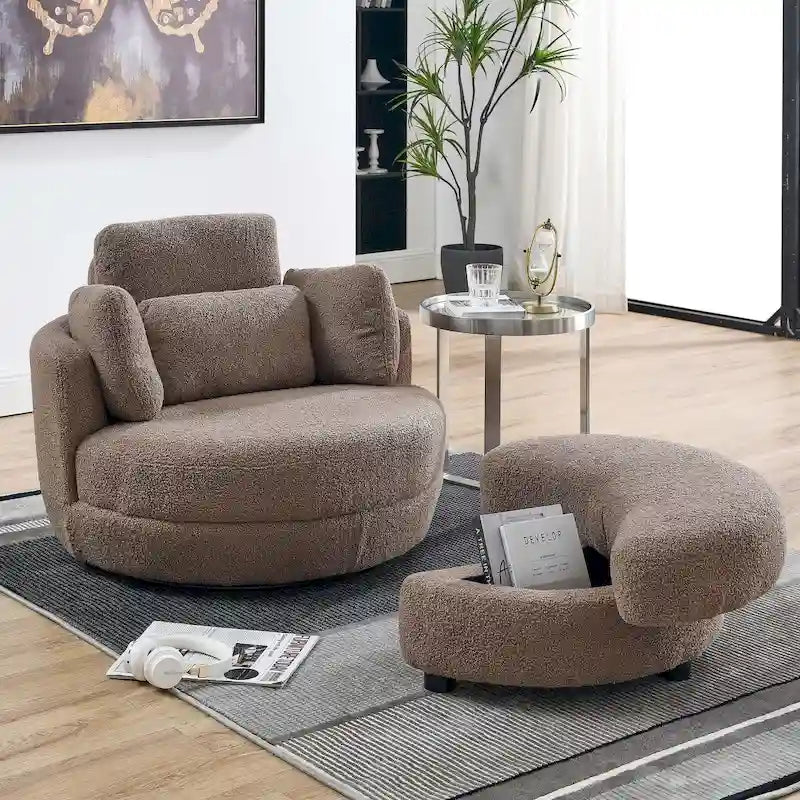 Poltrona moderna girevole a botte a due posti con 4 cuscini e pouf contenitore