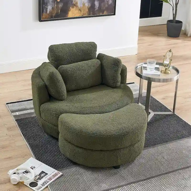Poltrona moderna girevole a botte a due posti con 4 cuscini e pouf contenitore