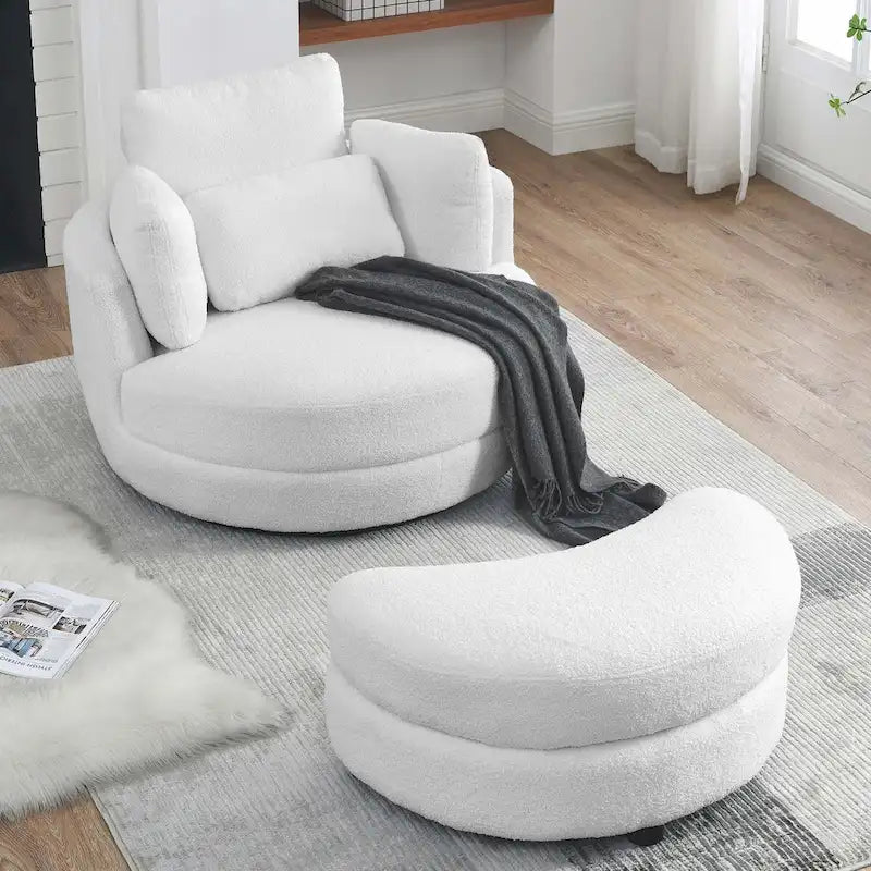 Poltrona moderna girevole a botte a due posti con 4 cuscini e pouf contenitore