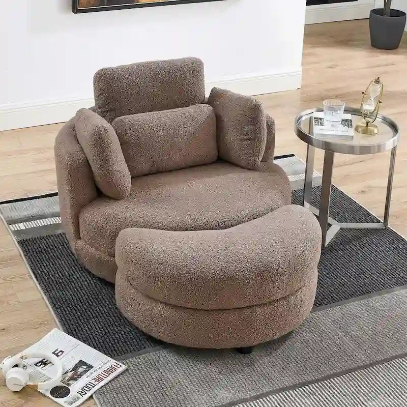 Poltrona moderna girevole a botte a due posti con 4 cuscini e pouf contenitore