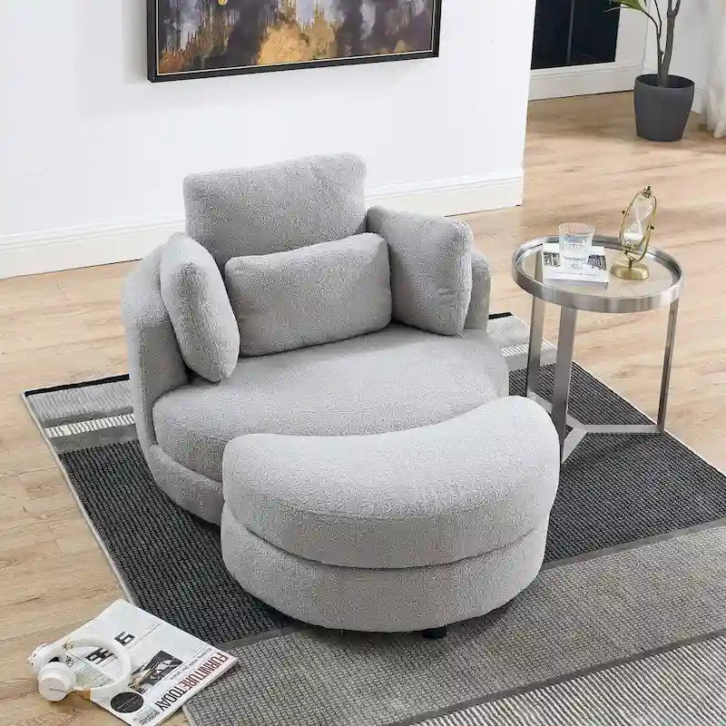 Poltrona moderna girevole a botte a due posti con 4 cuscini e pouf contenitore