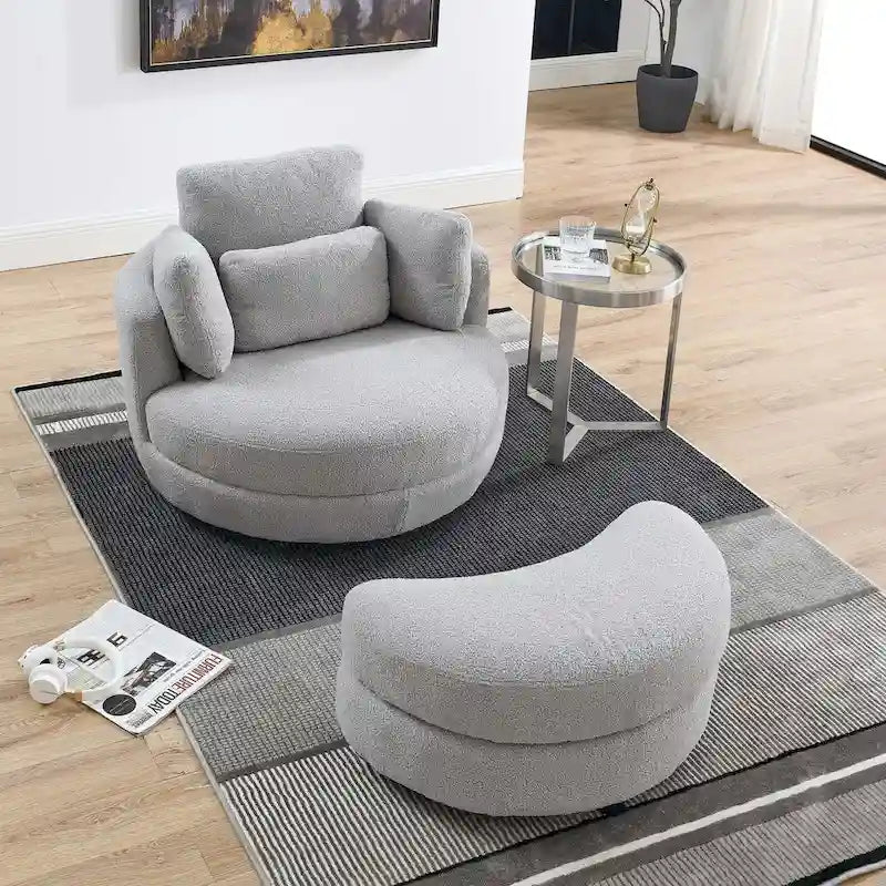 Poltrona moderna girevole a botte a due posti con 4 cuscini e pouf contenitore
