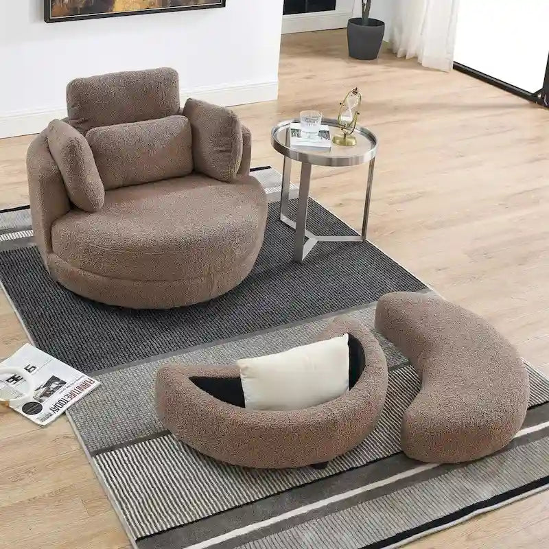 Poltrona moderna girevole a botte a due posti con 4 cuscini e pouf contenitore
