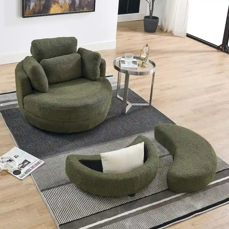 Poltrona moderna girevole a botte a due posti con 4 cuscini e pouf contenitore