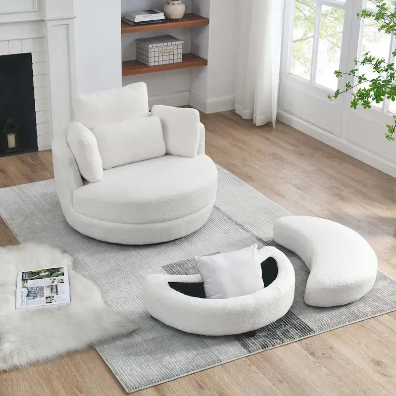 Poltrona moderna girevole a botte a due posti con 4 cuscini e pouf contenitore