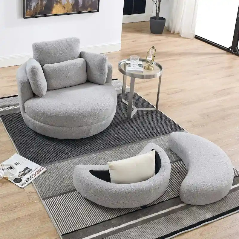 Poltrona moderna girevole a botte a due posti con 4 cuscini e pouf contenitore