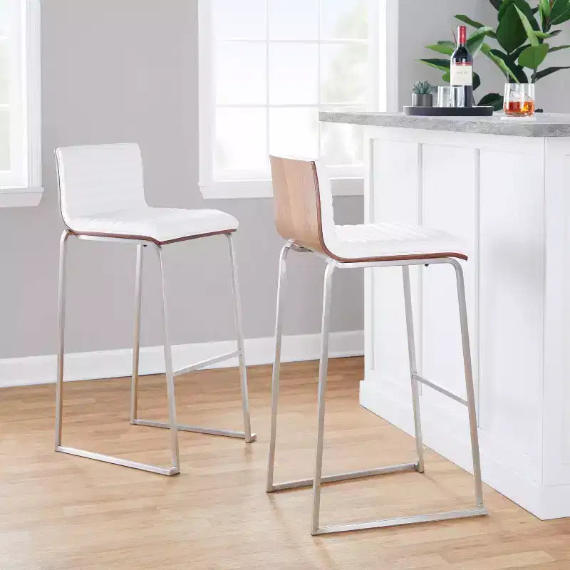 LumiSource Set di 2 sgabelli da bar Mason Mara da 30" Acciaio Inox Noce Pelle Sintetica