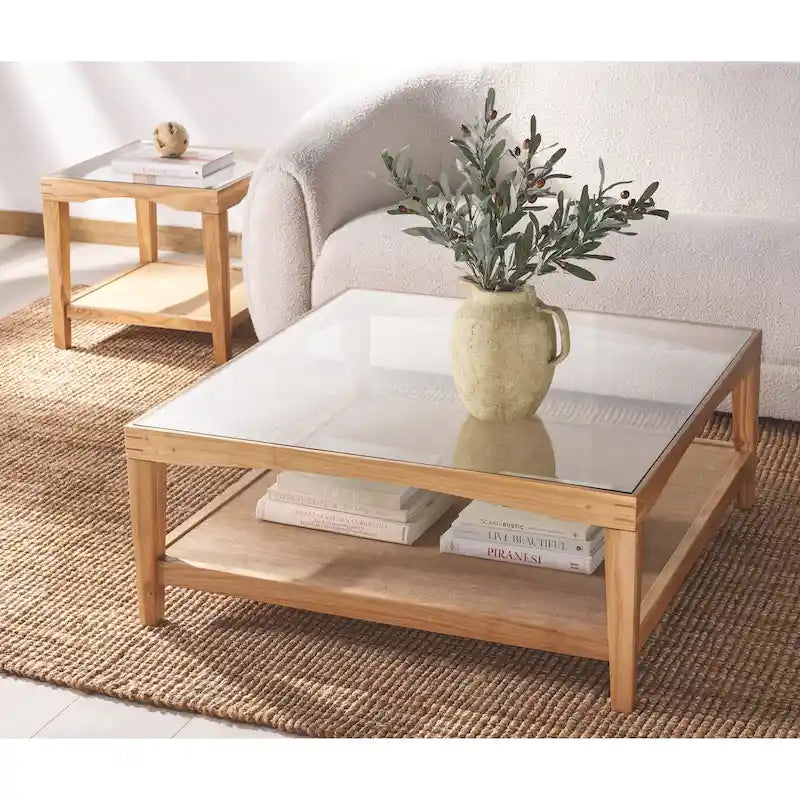 Tavolino da Caffè Quadrato in Vetro con Cornice in Legno di Olmo e Ripiano Rivestito in Lino – 40Lx40Px17A