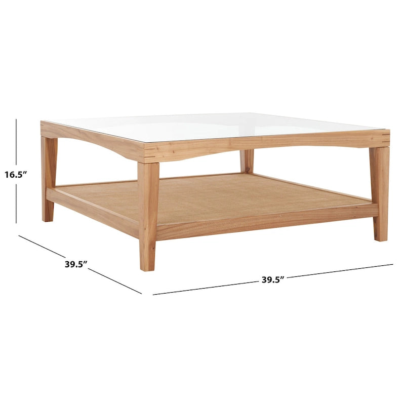 Tavolino da Caffè Quadrato in Vetro con Cornice in Legno di Olmo e Ripiano Rivestito in Lino – 40Lx40Px17A