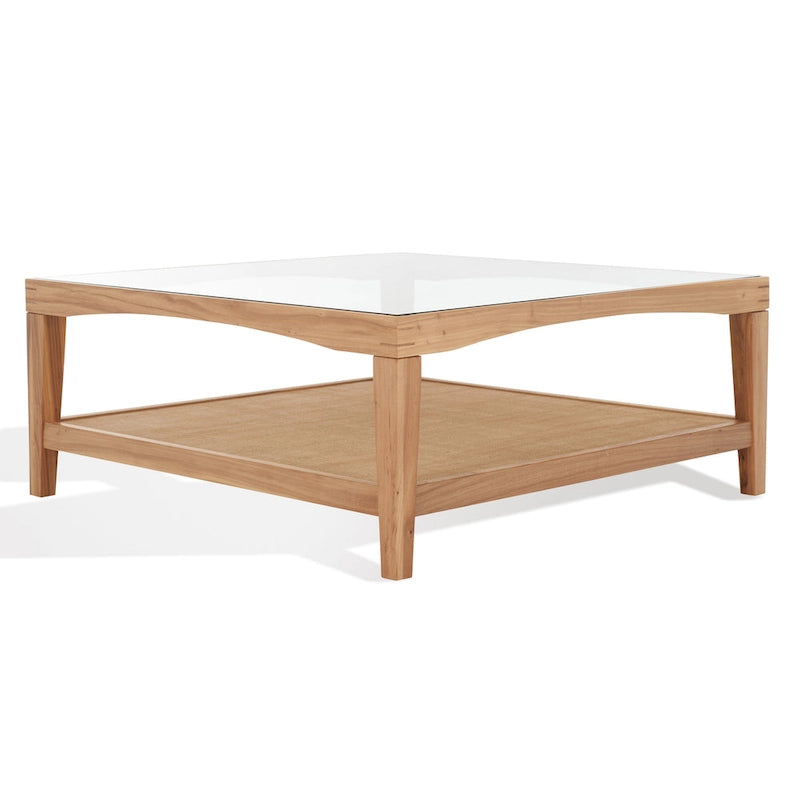 Tavolino da Caffè Quadrato in Vetro con Cornice in Legno di Olmo e Ripiano Rivestito in Lino – 40Lx40Px17A