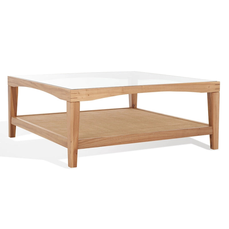 Tavolino da Caffè Quadrato in Vetro con Cornice in Legno di Olmo e Ripiano Rivestito in Lino – 40Lx40Px17A