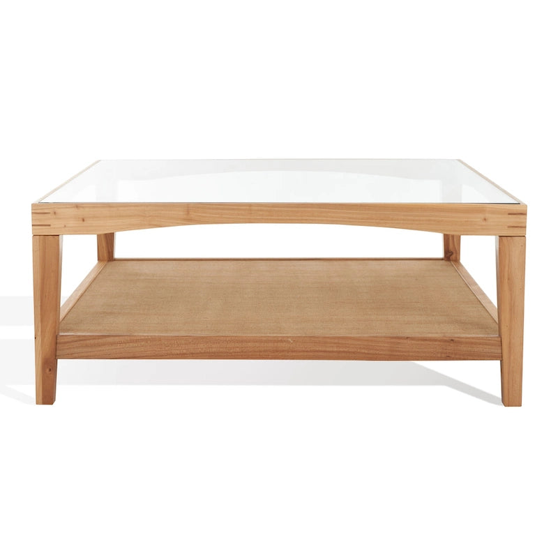 Tavolino da Caffè Quadrato in Vetro con Cornice in Legno di Olmo e Ripiano Rivestito in Lino – 40Lx40Px17A