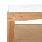 Tavolino da Caffè Quadrato in Vetro con Cornice in Legno di Olmo e Ripiano Rivestito in Lino – 40Lx40Px17A