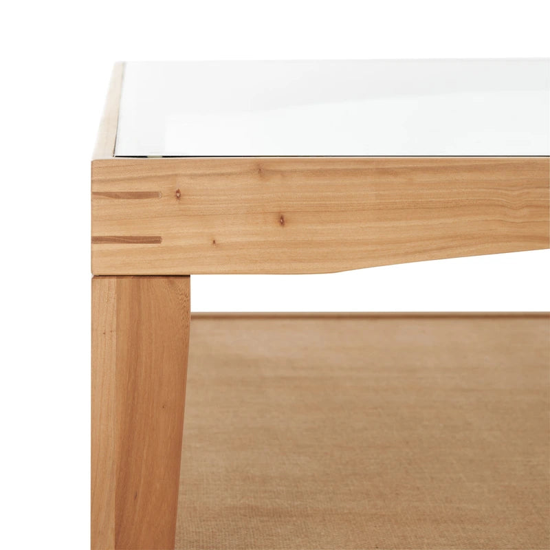Tavolino da Caffè Quadrato in Vetro con Cornice in Legno di Olmo e Ripiano Rivestito in Lino – 40Lx40Px17A
