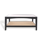 Tavolino da Caffè Quadrato in Vetro con Cornice in Legno di Olmo e Ripiano Rivestito in Lino – 40Lx40Px17A