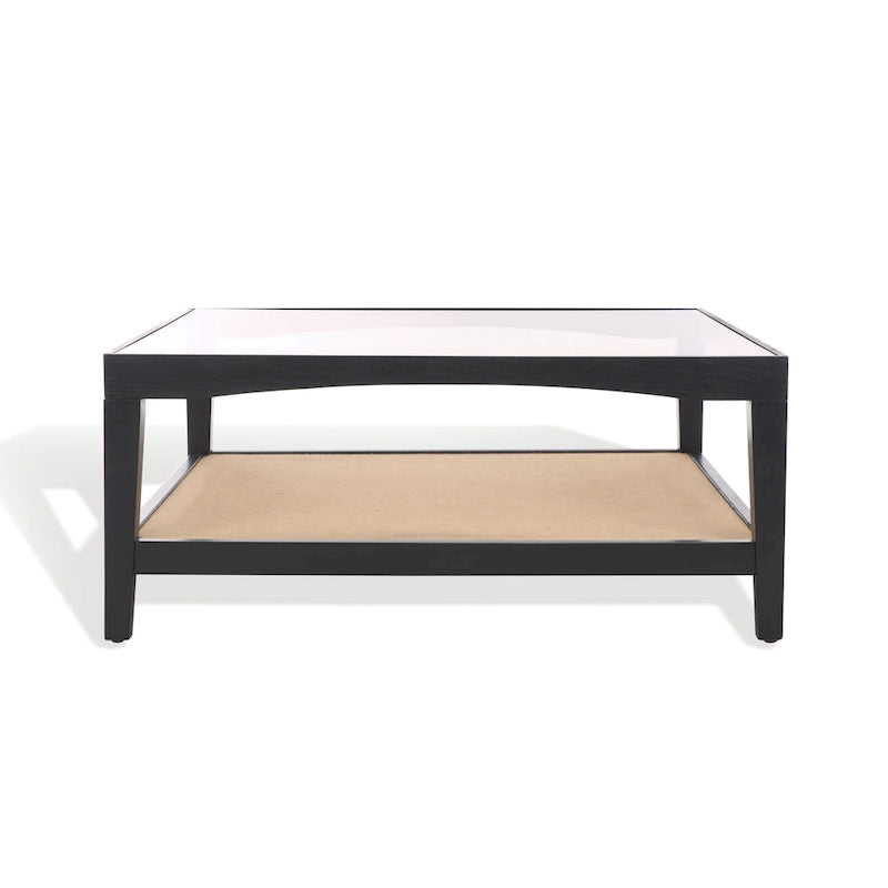 Tavolino da Caffè Quadrato in Vetro con Cornice in Legno di Olmo e Ripiano Rivestito in Lino – 40Lx40Px17A