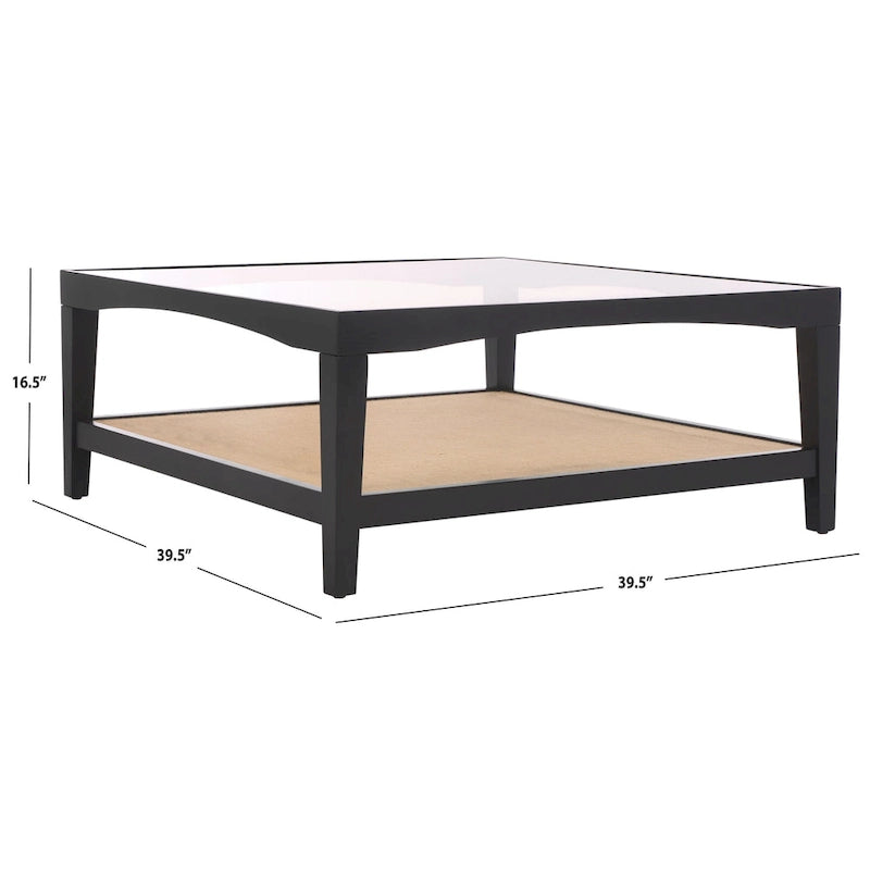 Tavolino da Caffè Quadrato in Vetro con Cornice in Legno di Olmo e Ripiano Rivestito in Lino – 40Lx40Px17A
